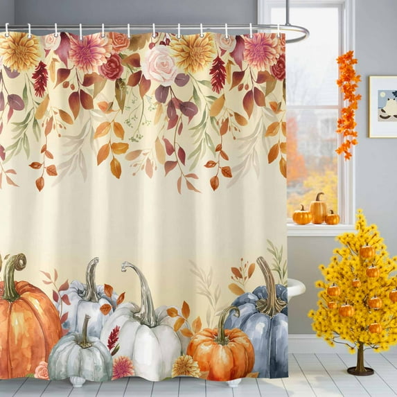 Shower Curtain 66"W x 72"L Fall Leaves Thanksgiving Pumpkin Fabric Shower Curtains Set with Hooks Water Repellent Bathroom Curtains Machine Washable Bathroom Accessories
