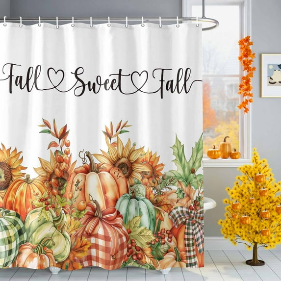 Shower Curtain 66"W x 72"L Fall Thanksgiving Pumpkins Sunflowers Fabric Shower Curtains Set with Hooks Water Repellent Bathroom Curtains Machine Washable Bathroom Accessories