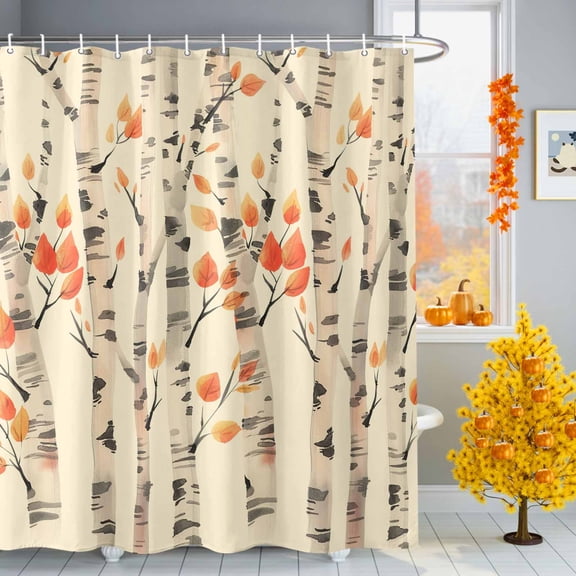 Shower Curtain 66"W x 72"L Orange Leaves Gray Wood Beige Watercolor Fabric Shower Curtains Set with Hooks Water Repellent Bathroom Curtains Machine Washable Bathroom Accessories