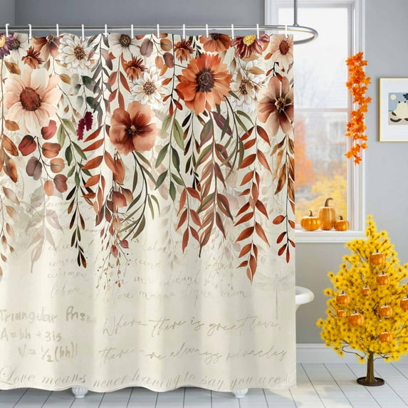 Shower Curtain 66"W x 72"L Thanksgiving Autumn Vintage Flowers Fabric Shower Curtains Set with Hooks Water Repellent Bathroom Curtains Machine Washable Bathroom Accessories