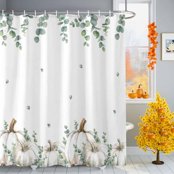 Shower Curtain 66"W x 72"L Thanksgiving Fall White Pumpkins Eucalyptus Leaves Fabric Shower Curtains Set with Hooks Water Repellent Bathroom Curtains Machine Washable Bathroom Accessories