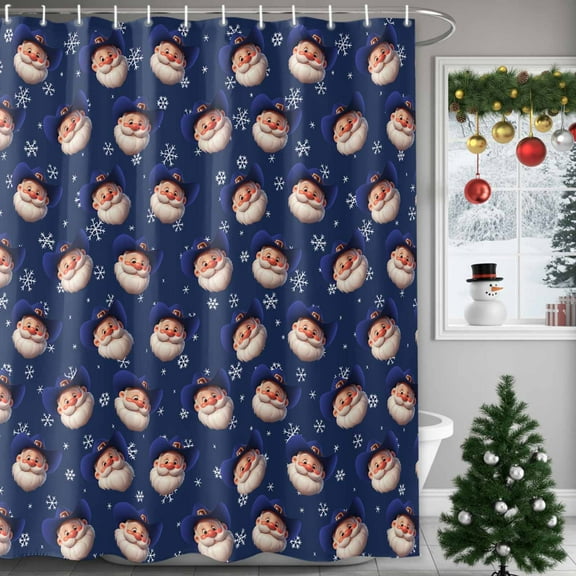 Shower Curtain 66"W x 72"L Western Christmas Santa Claus Snowflake Dark Blue Fabric Shower Curtains Set with Hooks Water Repellent Bathroom Curtains Machine Washable Bathroom Accessories