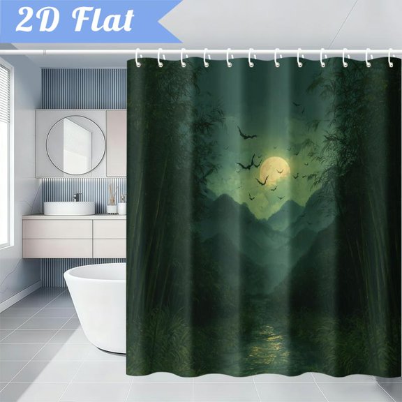 Shower Curtain 70X70 Inch with 12 Hooks, 2D Flat, Full Moon Forest Stream Bats Print, Printed Pattern, High-end and Elegant, Machine Washable, Suitable for Bathroom and Window Decorat