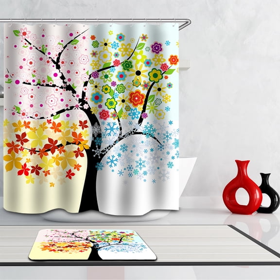 Shower Curtain 71x71 Inch and Matching Mat Set - Mildewproof Waterproof Polyester Fabric - Digital Printing - With 12 Hooks Accessories Bathroom - Art Theme