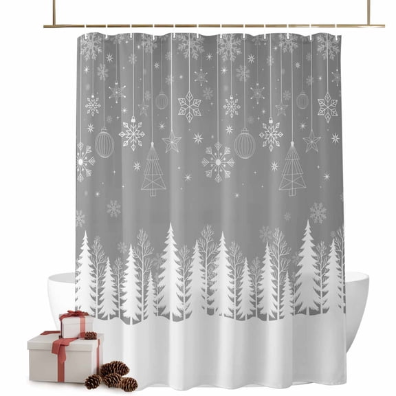 Shower Curtain 72"W x 72"L Abstract Christmas Trees Snowflakes Gray Fabric Shower Curtains Set with Hooks Water Repellent Bathroom Curtains Machine Washable Bathroom Accessories