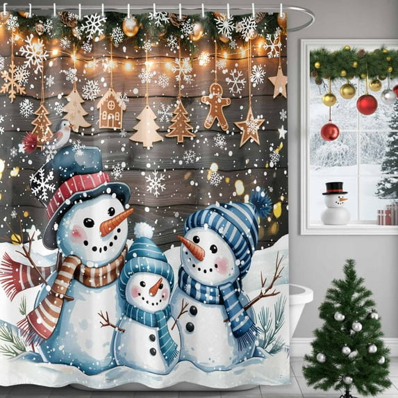 Shower Curtain 72"W x 72"L Christmas Snowman Snowflake Wood Grain Fabric Shower Curtains Set with Hooks Water Repellent Bathroom Curtains Machine Washable Bathroom Accessories