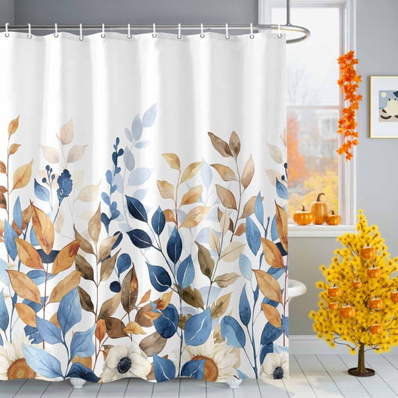 Shower Curtain 72"W x 72"L Fall Blue Brown Eucalyptus Leaves Flowers Fabric Shower Curtains Set with Hooks Water Repellent Bathroom Curtains Machine Washable Bathroom Accessories
