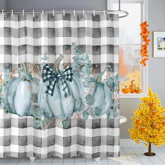 Shower Curtain 72"W x 72"L Fall Thanksgiving Green Pumpkins Black White Plaid Fabric Shower Curtains Set with Hooks Water Repellent Bathroom Curtains Machine Washable Bathroom Accessories