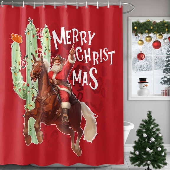 Shower Curtain 72"W x 72"L Merry Christmas Cowboy Santa Claus Cactus Red Fabric Shower Curtains Set with Hooks Water Repellent Bathroom Curtains Machine Washable Bathroom Accessories
