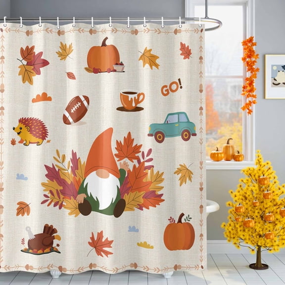 Shower Curtain 72"W x 72"L Thanksgiving Cartoon Gnome Maple Leaves Fabric Shower Curtains Set with Hooks Water Repellent Bathroom Curtains Machine Washable Bathroom Accessories