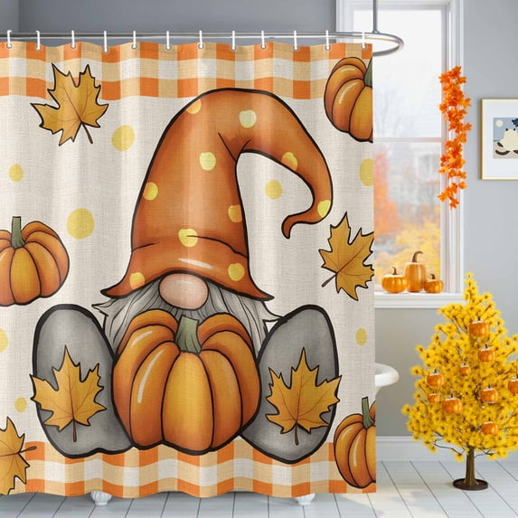 Shower Curtain 72"W x 72"L Thanksgiving Gnome Pumpkin Maple Leaves Fabric Shower Curtains Set with Hooks Water Repellent Bathroom Curtains Machine Washable Bathroom Accessories