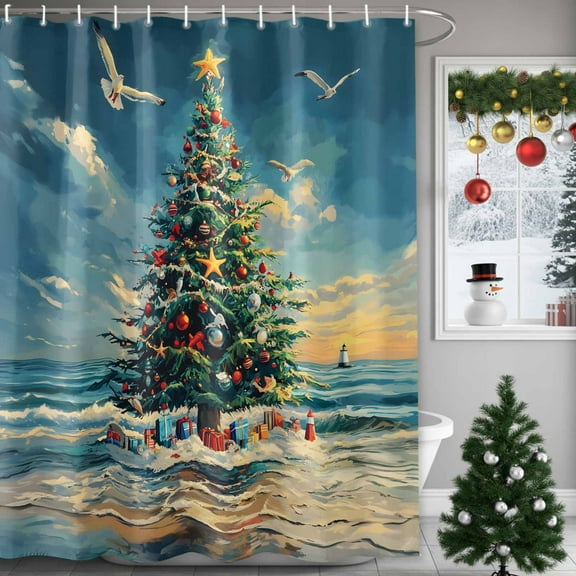 Shower Curtain 72"W x 72"L Vintage Winter Ocean Beach Christmas Tree Seagull Fabric Shower Curtains Set with Hooks Water Repellent Bathroom Curtains Machine Washable Bathroom Accessories