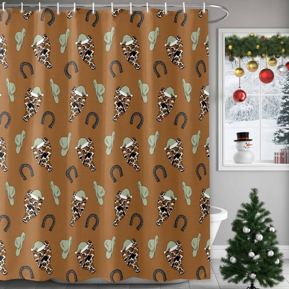 Shower Curtain 72"W x 72"L Western Christmas Cowboy Hat Horseshoe Xmas Tree Brown Fabric Shower Curtains Set with Hooks Water Repellent Bathroom Curtains Machine Washable Bathroom Accessories