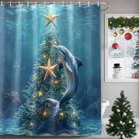 Shower Curtain 72"W x 72"L Winter Christmas Ocean Dolphin Xmas Tree Starfish Fabric Shower Curtains Set with Hooks Water Repellent Bathroom Curtains Machine Washable Bathroom Accessories