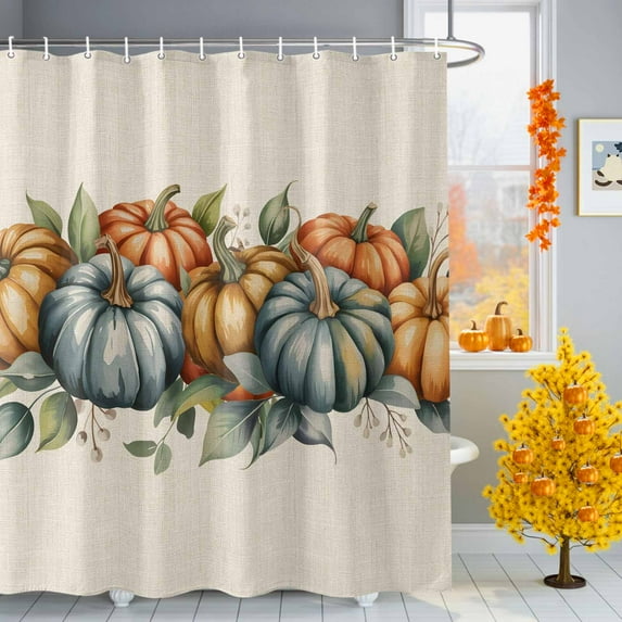 Shower Curtain 72"W x 78"L Thanksgiving Pumpkins Rustic Linen Texture Fabric Shower Curtains Set with Hooks Water Repellent Bathroom Curtains Machine Washable Bathroom Accessories