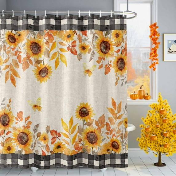 Shower Curtain 72"W x 84"L Fall Sunflowers Leaves Black Plaid Fabric Shower Curtains Set with Hooks Water Repellent Bathroom Curtains Machine Washable Bathroom Accessories