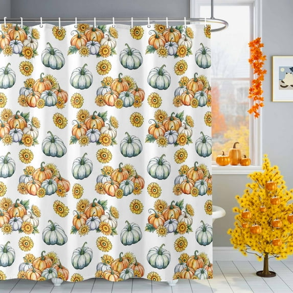 Shower Curtain 72"W x 84"L Fall Thanksgiving Pastoral Pumpkin Sunflower Fabric Shower Curtains Set with Hooks Water Repellent Bathroom Curtains Machine Washable Bathroom Accessories