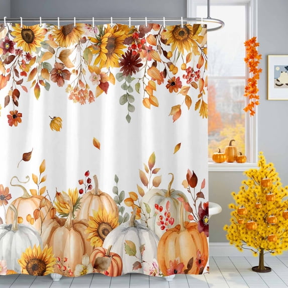 Shower Curtain 72"W x 84"L Fall Thanksgiving Pumpkin Sunflower Fabric Shower Curtains Set with Hooks Water Repellent Bathroom Curtains Machine Washable Bathroom Accessories