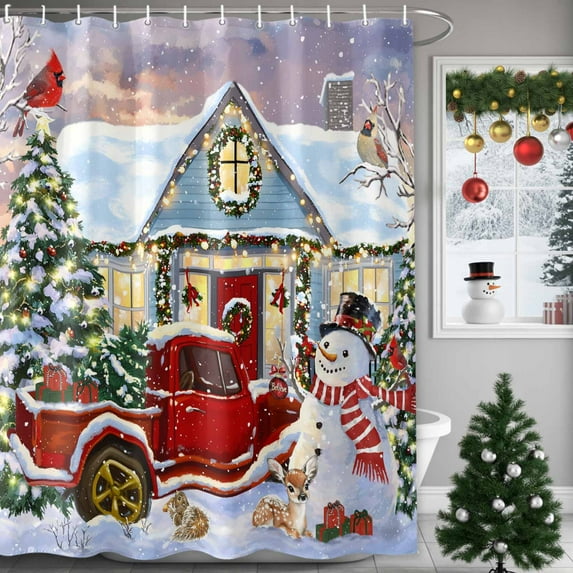 Shower Curtain 72"W x 84"L Snowman Christmas Tree Red Truck Cardinal Fabric Shower Curtains Set with Hooks Water Repellent Bathroom Curtains Machine Washable Bathroom Accessories