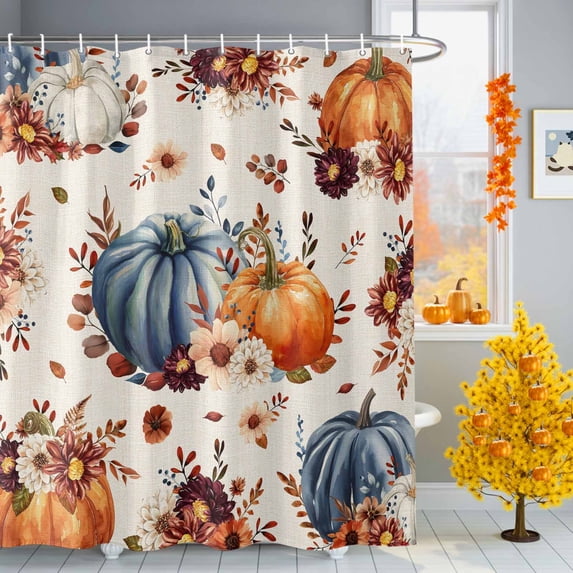 Shower Curtain 72"W x 84"L Vintage Pumpkins Fall Autumn Leaves Fabric Shower Curtains Set with Hooks Water Repellent Bathroom Curtains Machine Washable Bathroom Accessories