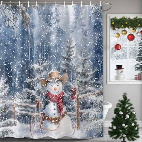 Shower Curtain 72"W x 84"L Western Christmas Snowman Cowboy Hat Blue Forest Fabric Shower Curtains Set with Hooks Water Repellent Bathroom Curtains Machine Washable Bathroom Accessories