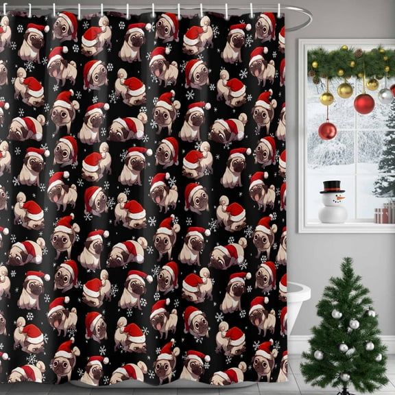 Shower Curtain 72"W x 84"L Winter Christmas Bulldog Santa Hat Black Fabric Shower Curtains Set with Hooks Water Repellent Bathroom Curtains Machine Washable Bathroom Accessories
