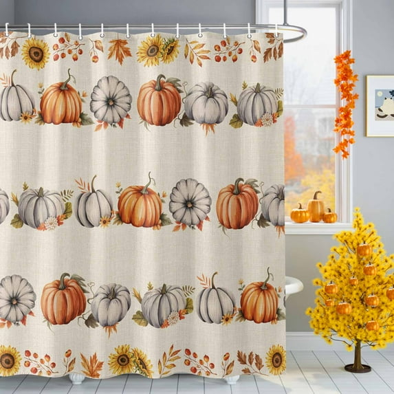Shower Curtain 72"W x 96"L Autumn Thanksgiving Pumpkin Linen Fabric Shower Curtains Set with Hooks Water Repellent Bathroom Curtains Machine Washable Bathroom Accessories