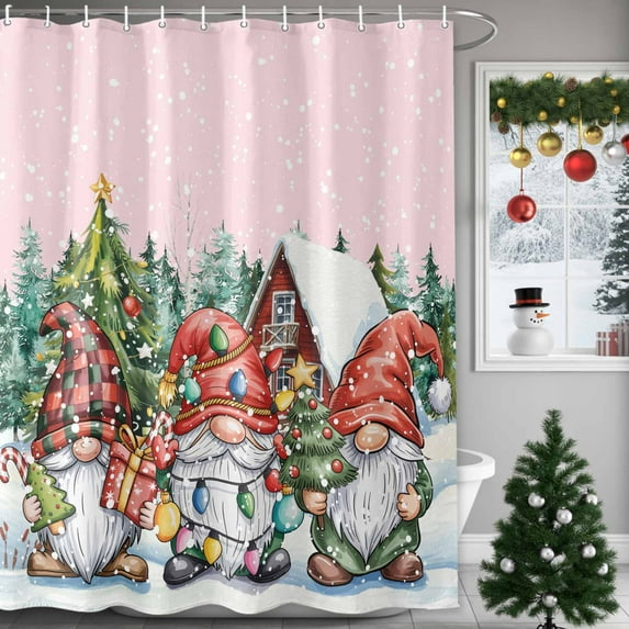 Shower Curtain 72"W x 96"L Christmas Gnomes Xmas Trees Snowflake Pink Fabric Shower Curtains Set with Hooks Water Repellent Bathroom Curtains Machine Washable Bathroom Accessories