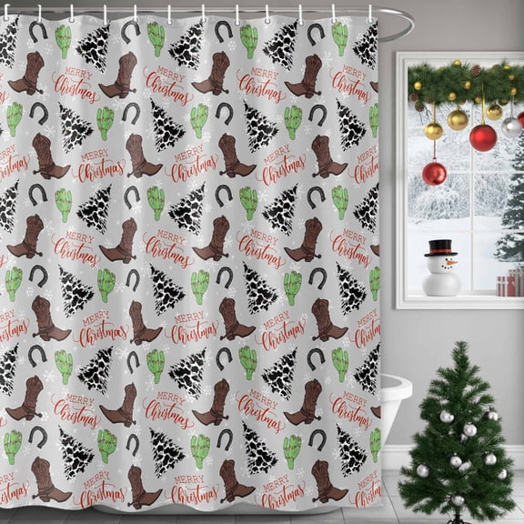 Shower Curtain 72"W x 96"L Western Christmas Boots Cactus Horseshoe Xmas Tree Gray Fabric Shower Curtains Set with Hooks Water Repellent Bathroom Curtains Machine Washable Bathroom Accessories