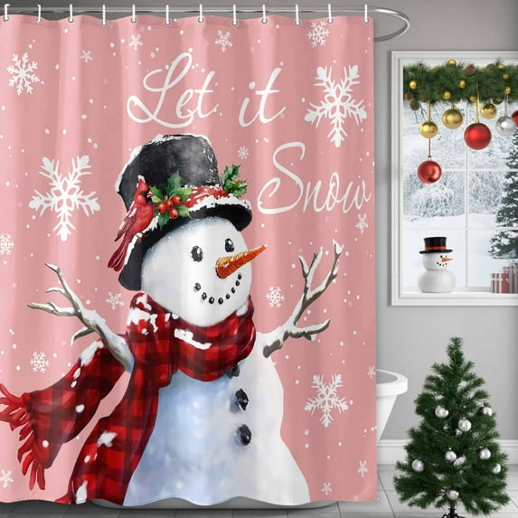 Shower Curtain 72"W x 96"L Winter Christmas Snowman Snowflake Pink Fabric Shower Curtains Set with Hooks Water Repellent Bathroom Curtains Machine Washable Bathroom Accessories
