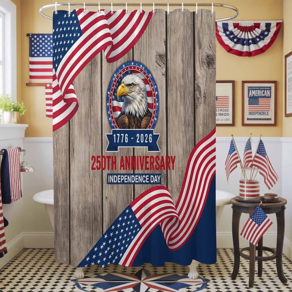 Shower Curtain, 72" x 72", 250th Anniversary Patriot Eagle USA Flag Independence Day WoodWaterproof Bathroom Curtain Washable Shower Curtain Set with 12 Hooks