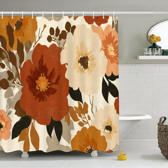 Shower Curtain 72 x 72 Inch Vintage Boho Earth Tone Botanical Washable Waterproof Bathroom Curtain Set with 12pcs Hooks, Terracotta Floral Curtains