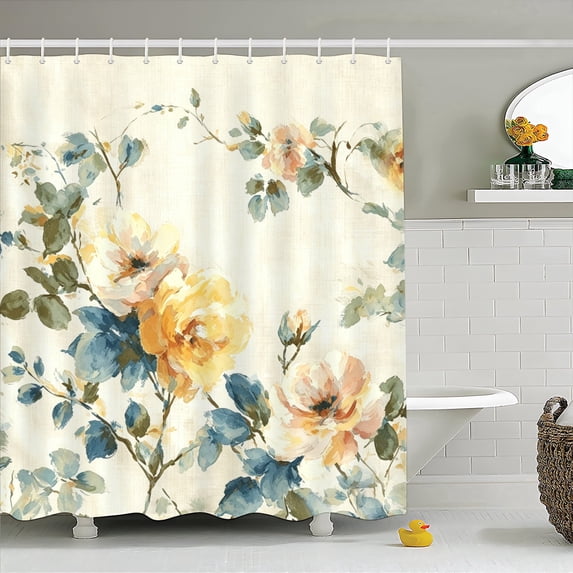 Shower Curtain 72" x 72" Watercolor Floral Bath Curtain with Hooks Modern Farmhouse Botanical Bathroom Decor