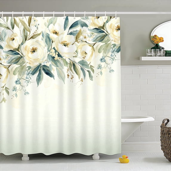 Sage Green Floral Flowers Shower Curtain, Watercolor Plant Leaves with Floral Bathroom Decor Waterproof Fabric Shower Curtain Set 72x72 Inch White