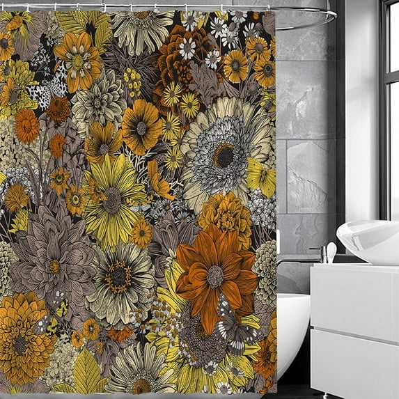 Shower Curtain, 72 x 72 inches Waterproof Liner Set with Hooks for Bathroom, Flower E