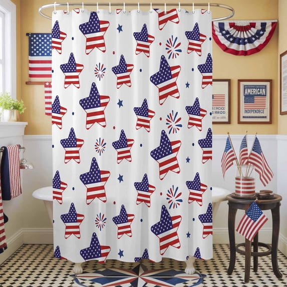 Shower Curtain, 72" x 84", 4th of July American Flag Star Fireworks Independence DayWaterproof Bathroom Curtain Washable Shower Curtain Set with 12 Hooks