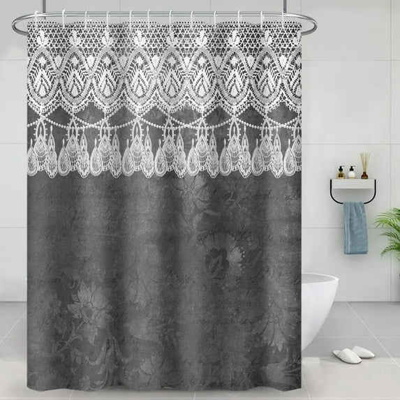 Shower Curtain 72 x 84 Inch Modern Unique Bathroom Decor Polyester Fabric White Damask Lace Pattern Vintage Black Blurry Floral Print Bath Curtains Fashion Design Set with Hooks