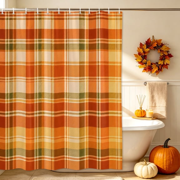 Shower Curtain-72x72in Autumn Season Orange Plaid Waterproof Shower Curtains with Hooks Thanksgiving Theme Check Washable Bath Curtain for Home Hotel Bathroom Decor