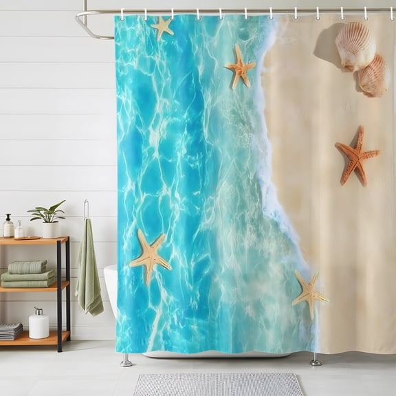 Shower Curtain-72x72in Beach Starfish Shell Sea Water Waterproof Shower Curtains with Hooks Summer Seaside Theme Washable Bath Curtain for Home Hotel Bathroom Decor
