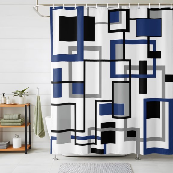 Shower Curtain-72x72in Blue Black Grey Geometric Rectangle Waterproof Shower Curtains with Hooks Mid Century Nordic Color Art Washable Bath Curtain for Home Hotel Bathroom Decor