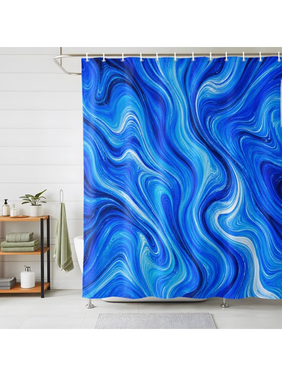 Shower Curtain-72x72in Cobalt Blue Swirling Waves Waterproof Shower Curtains with Hooks Marble Veins Pattern Washable Bath Curtain for Home Hotel Bathroom Decor