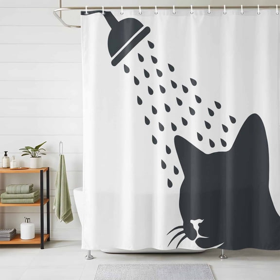 Shower Curtain-72x72in Funny Cat Waterproof Shower Curtains with Hooks Cartoon Grey White Shadow Washable Bath Curtain for Home Hotel Bathroom Decor