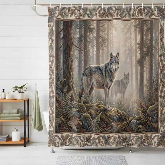 Shower Curtain-72x72in Natural Wild Wolf Forest Scenery Waterproof Shower Curtains with Hooks Botanical Tree Plant Washable Bath Curtain for Home Hotel Bathroom Decor