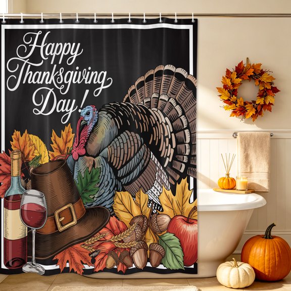 Shower Curtain-72x72in Thanksgiving Cartoon Turkey Pumpkin Waterproof Shower Curtains with Hooks Autumn Leaves Cap Washable Bath Curtain for Home Hotel Bathroom Decor