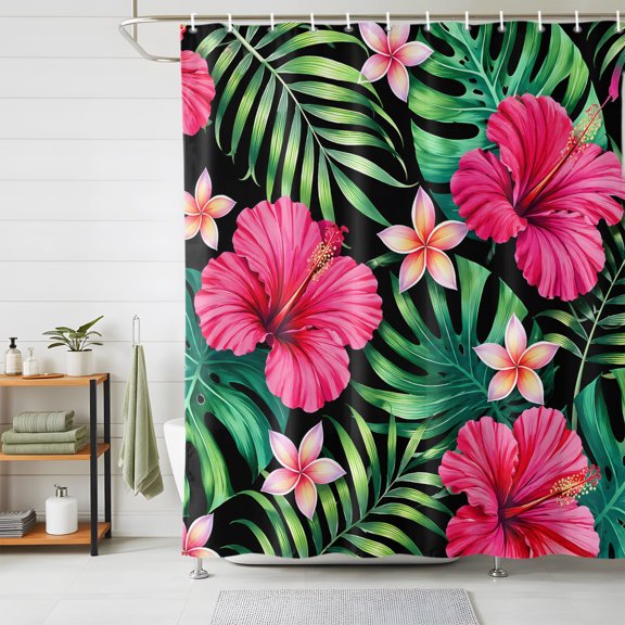 Shower Curtain-72x72in Vibrant Pink Hibiscus Floral Waterproof Shower Curtains with Hooks Tropical Foliage Pattern Washable Bath Curtain for Home Hotel Bathroom Decor