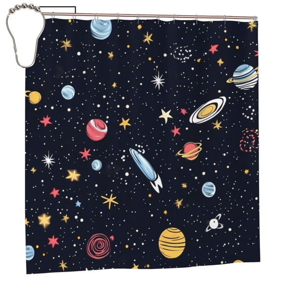 Shower Curtain 72x72in Waterproof Machine Washable Thick Polyester 11 Stainless Grommets 12 Hooks Iron Galaxy Planet