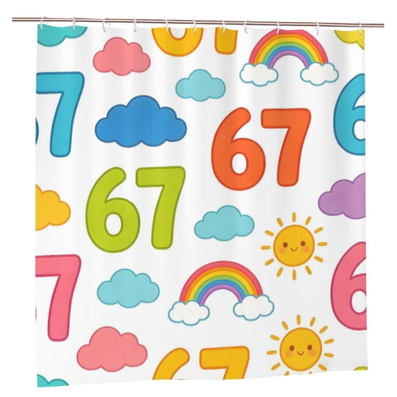 Shower Curtain 72x72in Waterproof Machine Washable Thick Polyester 11 Stainless Grommets 12 Hooks Plastic Number 67 Cloud Rainbow Sun