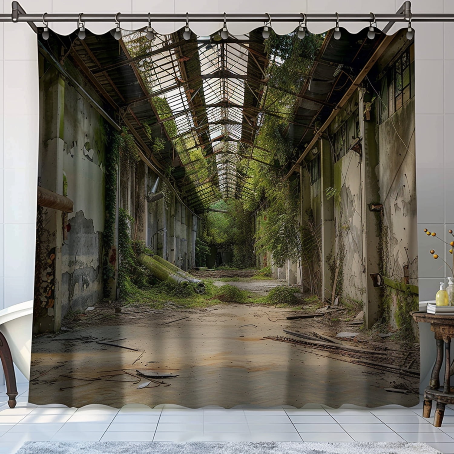 Shower Curtain Abandoned Warehouse Interior with Overgrown Plants