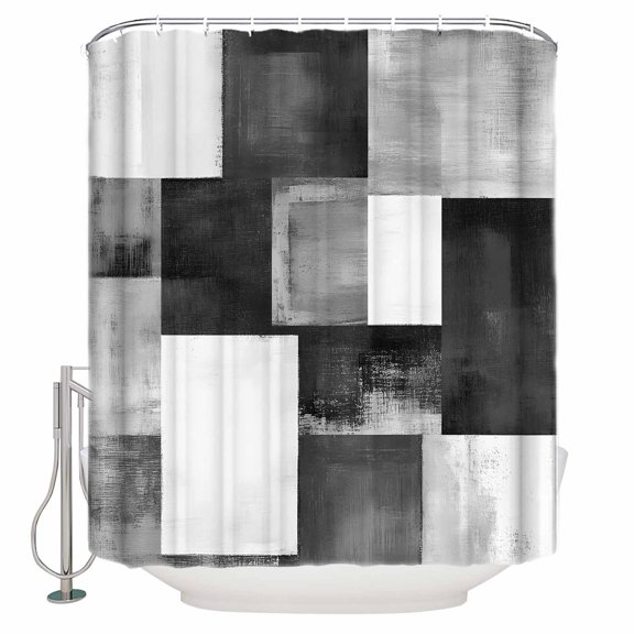Shower Curtain, Abstract Black Grey Color Block Waterproof Shower Curtain Set with Hooks for Bathroom Showers,Stalls and Bathtubs,72x72In Modern White Checkered Plaid