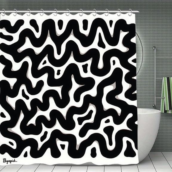 Shower Curtain" Abstract Black White Wavy Pattern